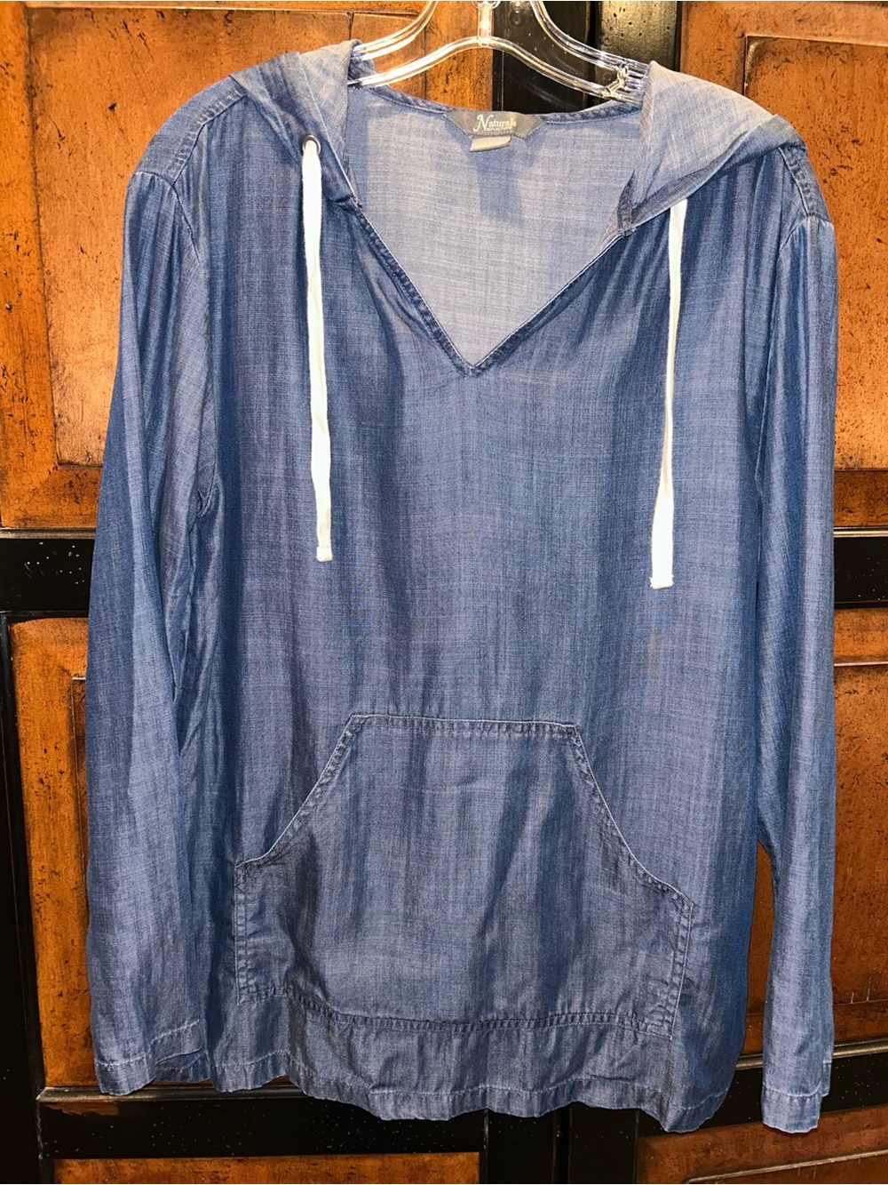 Natural Reflections Indigo Chambray Hooded Pullover with White Drawstrings